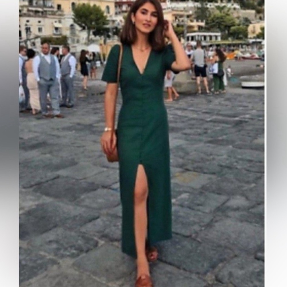 Elegant Zara Premium Green V-Neck Maxi Dress with Front Slit